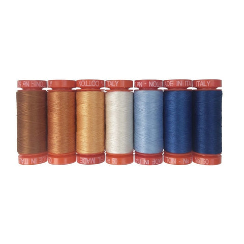 Aurifil Denim and Daisies Collection by Fig Tree 50 Weight Wt Cotton Quilting Thread Set of 7 Gold Blue JF50DD7