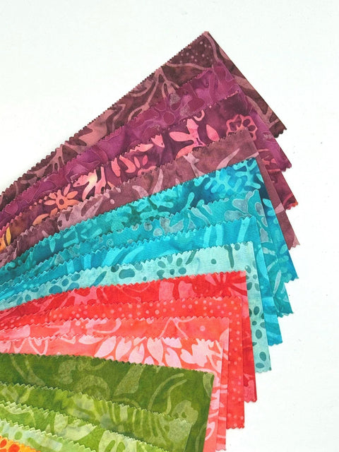 Java Batiks Sunset Purple Turquoise Blue Red Green Gold Batik Jelly Roll 40 2.5 Inch Fabric Strips ST-MASJAB-SUN