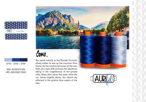 Aurifil COMO Color Builder Mako Cotton 50 Weight Wt Large Spool Blue Navy Indigo Quilting Thread Set of 3 2770 2735 2784