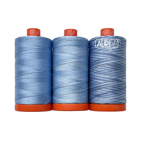 Aurifil Passionflower Color Builder Mako Cotton 50 Weight Large Spool VARIEGATED Blue Quilting Thread Set of 3 2715, 3770, 4655