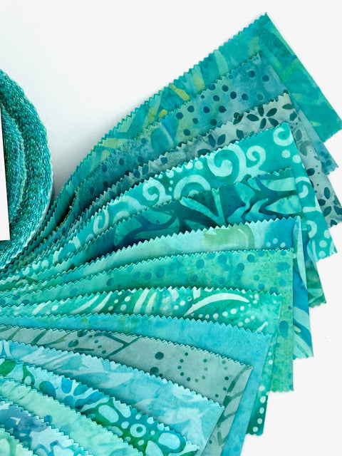 Java Batiks Soft Turquoise Blue Batik Jelly Roll 40 2.5 Inch Fabric Strips ST-MASJAB-SOT