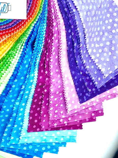 Java Batiks Rainbow Polka Dots Green Blue Yellow Orange Pink Batik Layer Cake 10 x 10 Inch Fabric Squares SQ-MASJAB-RAD