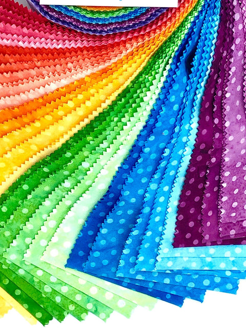 Java Batiks Rainbow Polka Dots Green Blue Yellow Orange Pink Batik Layer Cake 10 x 10 Inch Fabric Squares SQ-MASJAB-RAD