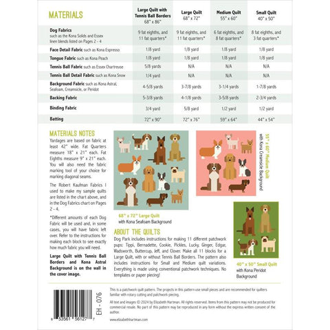 DOG PARK Elizabeth Hartman Fat Quarter Pre Cut Friendly Quilt Pattern 4 Sizes in 1 Baby Large Medium Small