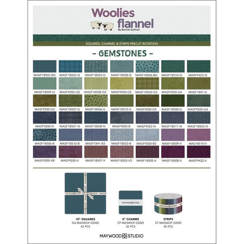 NEW Gemstones Maywood Woolies Flannel Teal Blue Green Purple Cotton Flannel 10 inch Fabric Layer Cake LC