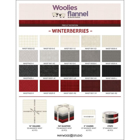 Winterberries Maywood Woolies Flannel Red Beige Grey Gray Black Cotton Flannel 40 2.5 inch Strips Flannel Fabric Jelly Roll