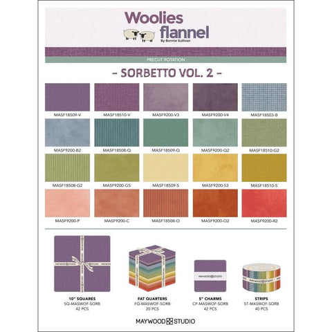 NEW Sorbetto Vol 2 Maywood Woolies Flannel Soft Rainbow Colors Teal Blue Green Purple Cotton Flannel 10 inch Fabric Layer Cake LC
