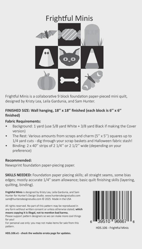 Hunter's Design Studio HDS Frightful Minis Halloween Foundation Paper Piecing FPP Printed Mini Quilt Wall Hanging Pattern