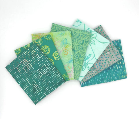 Anthology 7 Piece 17 Inch Batik Green Turquoise Stash Builder Pieces 17x42 Inch Quilting Fabric