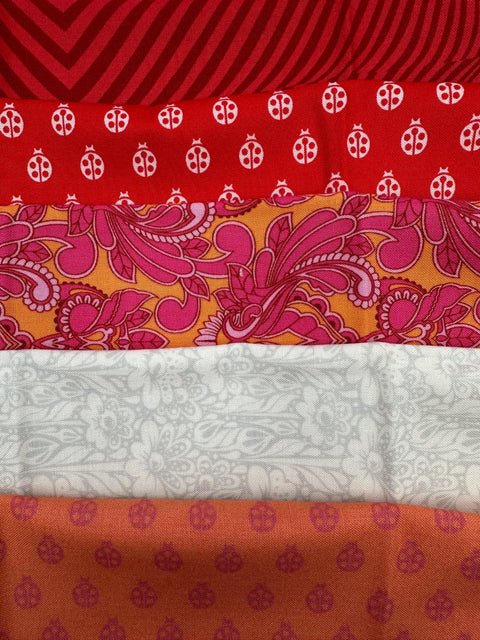 OOP FreeSpirit Tula Pink True Colors Ladybug Mini Owl Daisy Buds Lazy Stripe Red Pink Orange 9 inch Quarter Yard Cotton Fabric Set of 5 RARE