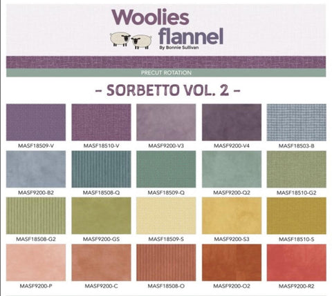 Maywood Woolies Sorbetto II 2 Flannel Light Blue Green Yellow Peach Cotton Flannel 40 2.5 inch Strips Fabric Jelly Roll