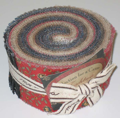 Moda OOP Collection for a Cause 2008 Tradition Floral Red Blue Tan Jelly Roll 2.5 Inch Strips Fabric