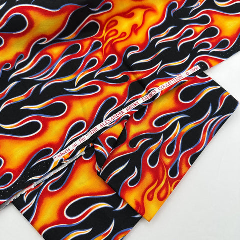 OOP Alexander Henry Wheels on Fire Flame Black Orange 3 Yard Fabric Remnant OOP32