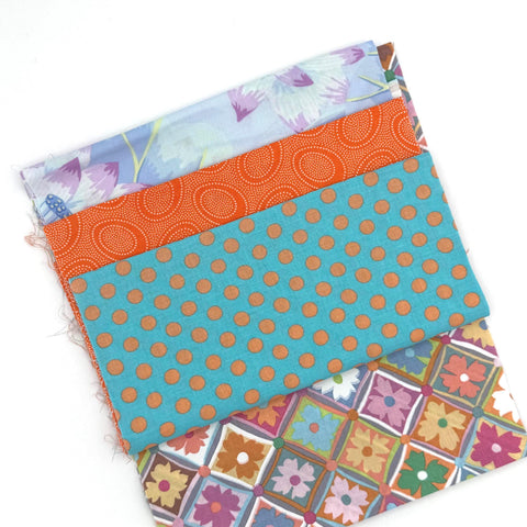 OOP Rowan Freespirit Kaffe Fassett 4 Piece 9 Inch QY Stash Builder Blue Orange Antwerp Floral Dot Quarter Yards Quilting Cotton Fabric KFQY4