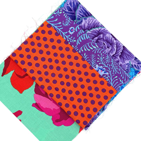 OOP Rowan Freespirit Kaffe Fassett 4 Piece 9 Inch QY Stash Builder Purple Blue Orange Floral Dot Quarter Yards Quilting Cotton Fabric KFQY5