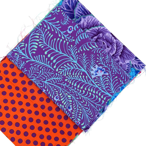 OOP Rowan Freespirit Kaffe Fassett 4 Piece 9 Inch QY Stash Builder Purple Blue Orange Floral Dot Quarter Yards Quilting Cotton Fabric KFQY5