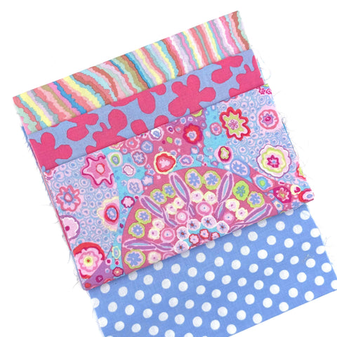 OOP Rowan Freespirit Kaffe Fassett 4 Piece 9 Inch QY Blue Pink Periwinkle Floral Stash Builder Quarter Yards Quilting Cotton Fabric KFQY11