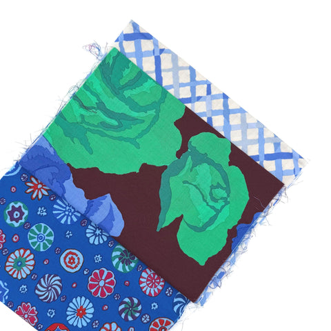 OOP Rowan Freespirit Kaffe Fassett 4 Piece 9 Inch QY Blue Periwinkle Floral Lattice Stash Builder Quarter Yard Quilting Cotton Fabric KFQY13