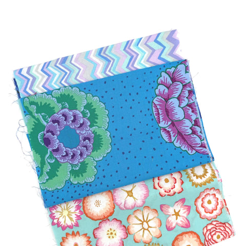 OOP Rowan Freespirit Kaffe Fassett 4 Piece 9 Inch QY Blue Purple Floral Stash Builder Quarter Yards Quilting Cotton Fabric KFQY14