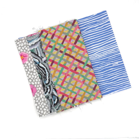OOP Rowan Freespirit Kaffe Fassett 4 Piece 9 In QY Gray Blue Yellow Floral Lattice Stash Builder Quarter Yard Quilting Cotton Fabric KFQY16