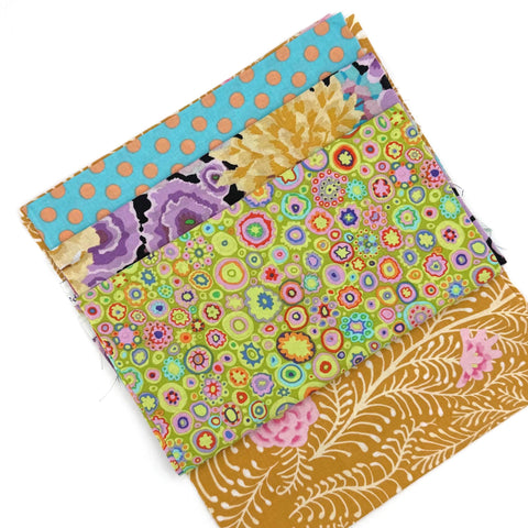 OOP Rowan Freespirit Kaffe Fassett 4 Piece 9 Inch QY Yellow Green Polka Dot Floral Stash Builder Quarter Yards Quilting Cotton Fabric KFQY19