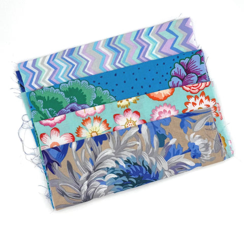 OOP Rowan Freespirit Kaffe Fassett 4 Piece 9 Inch QY Blue Purple Floral Stash Builder Quarter Yards Quilting Cotton Fabric KFQY14