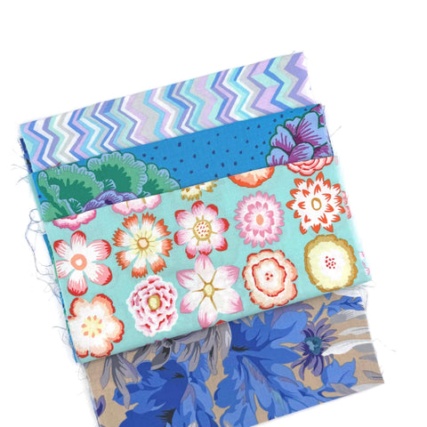 OOP Rowan Freespirit Kaffe Fassett 4 Piece 9 Inch QY Blue Purple Floral Stash Builder Quarter Yards Quilting Cotton Fabric KFQY14