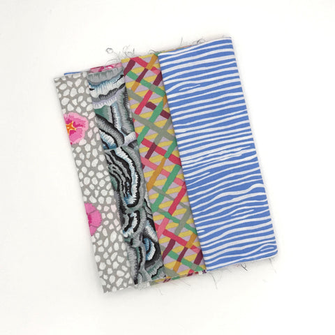 OOP Rowan Freespirit Kaffe Fassett 4 Piece 9 In QY Gray Blue Yellow Floral Lattice Stash Builder Quarter Yard Quilting Cotton Fabric KFQY16