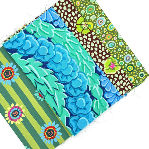 OOP Rowan Freespirit Kaffe Fassett 4 Piece 9 Inch QY Green Blue Brown Floral Dot Stash Builder Quarter Yards Quilting Cotton Fabric KFQY39