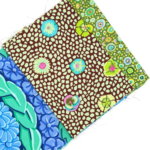 OOP Rowan Freespirit Kaffe Fassett 4 Piece 9 Inch QY Green Blue Brown Floral Dot Stash Builder Quarter Yards Quilting Cotton Fabric KFQY39