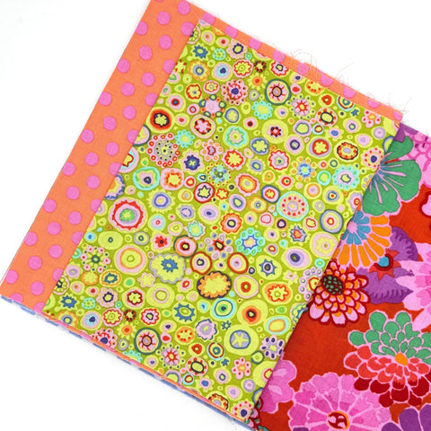OOP Rowan Freespirit Kaffe Fassett 4 Piece 9 Inch QY Pink Blue Yellow Floral Mille Stash Builder Quarter Yards Quilting Cotton Fabric KFQY49