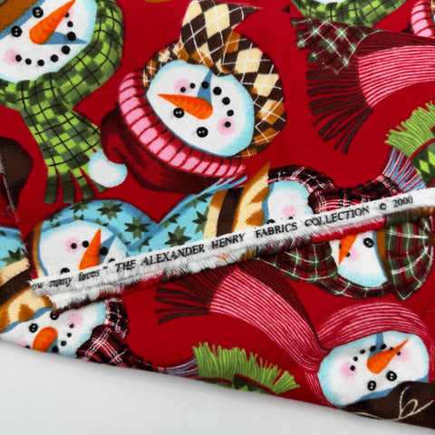 OOP Alexander Henry Snow Many Faces Red Snowmen Out of Print Cotton Flannel 23 Inch Fabric Remnant OOP95