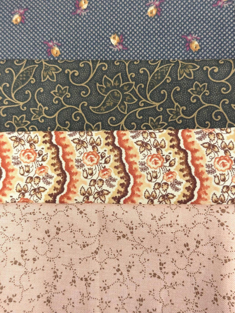 Civil War Reproduction Tan Gold Green Purple Fabric 8 FQ Fat Quarter Bundle