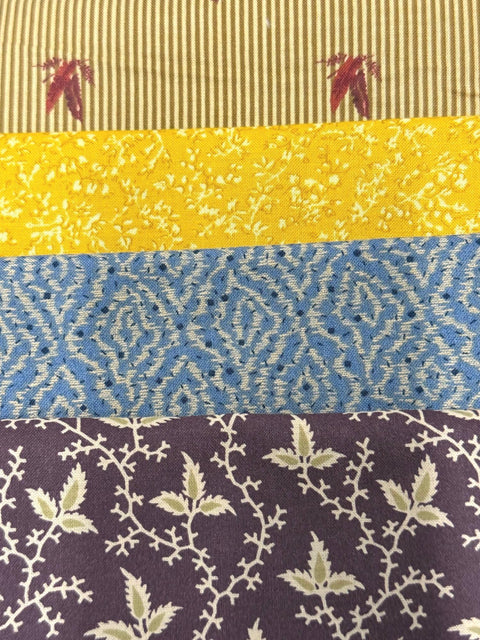 Civil War Reproduction Tan Gold Green Purple Fabric 8 FQ Fat Quarter Bundle