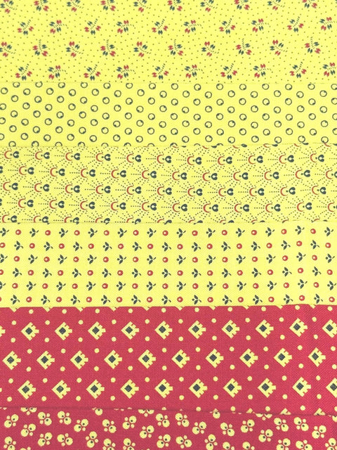 Civil War Reproduction Fabric 6 Inch Strips by 21/22 Red Yellow Black 7 Piece Bundle D35