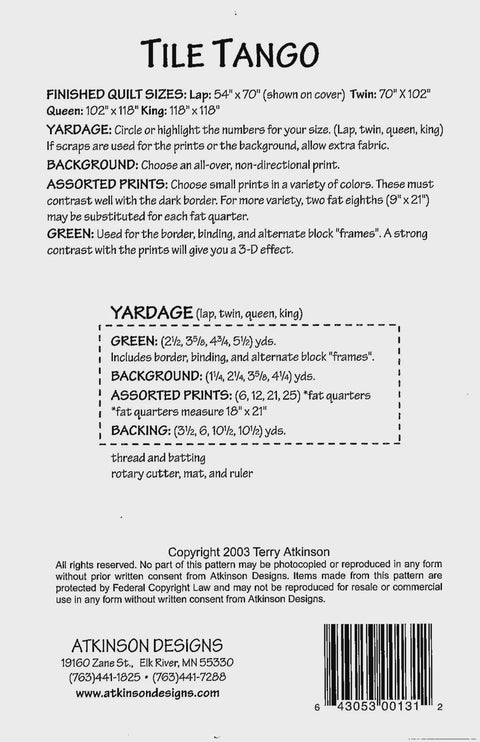 Atkinson Designs Tile Tango Quilt Pattern 4 Sizes