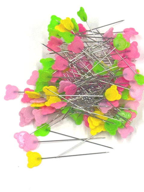 Heat Resistant BEAR Head Flat Pins Pink Green Yellow Sewing Notion Quilting Pins 100 Pack 2 Inch