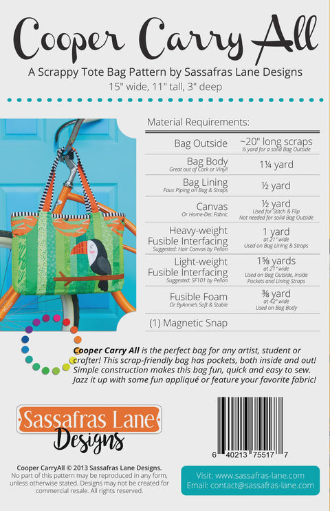 Sassafras Lane Designs Cooper CarryAll Printed Tote Bag Pattern 15 x 11 x 3