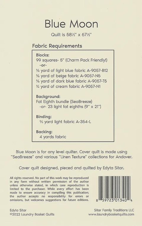 Laundry Basket Quilts LBQ Blue Moon Printed Quilt Pattern 58.5 x 67.5