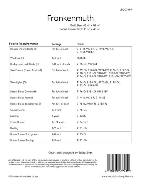 Laundry Basket Quilts LBQ Frankenmuth Printed Quilt Pattern with Bonus Table Runner 48.5 x 59.5