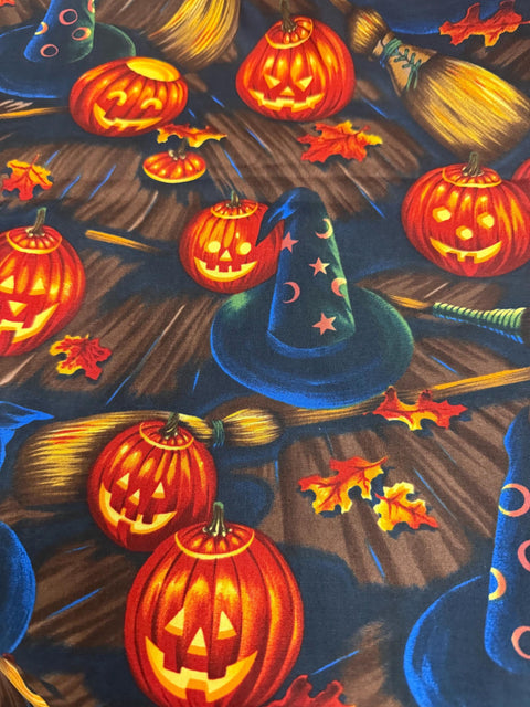 OOP Alexander Henry Bell Knobs and Broomsticks 1998 Brown Black Orange Halloween Witch Hat Cotton 1 Yard 14 Inches Fabric Remnant OOP195
