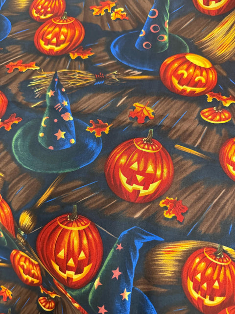 OOP Alexander Henry Bell Knobs and Broomsticks 1998 Brown Black Orange Halloween Witch Hat Cotton 1 Yard 14 Inches Fabric Remnant OOP195