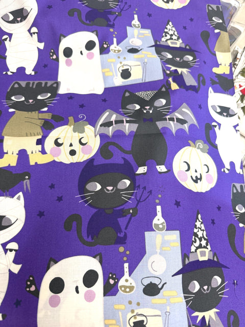 OOP Alexander Henry Costume Kitty 2019 Purple Black Halloween Cat Cotton 2 Yards Fabric Remnant OOP200