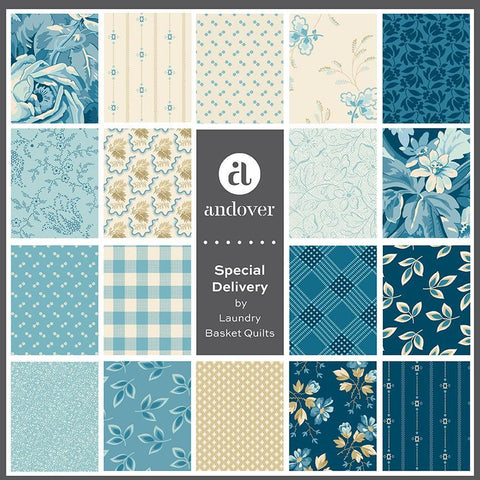 In Stock Andover Special Delivery Cream Blue Floral Edyta Sitar Laundry Basket Quilts LBQ 33 Fat Quarter FQs Fabric Bundle