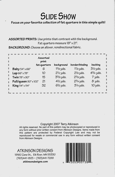 Atkinson Designs Slide Show Printed Quilt Pattern Fat Quarter Friendly 5 Sizes 66 x 78