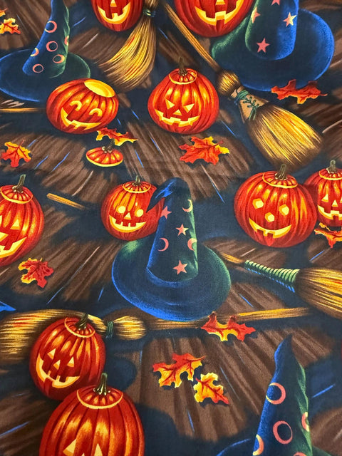 OOP Alexander Henry Bell Knobs and Broomsticks 1998 Brown Black Orange Halloween Witch Hat Cotton 1 Yard 14 Inches Fabric Remnant OOP195