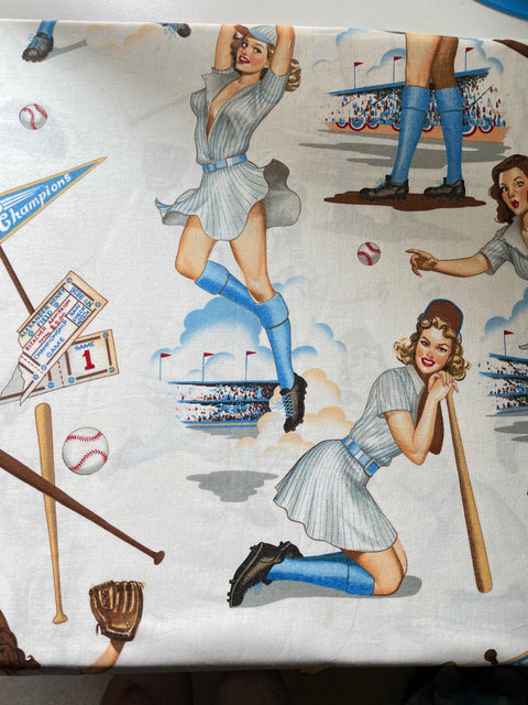 BTY OOP Alexander Henry Swingers White Baseball Pin Ups Cotton Fabric Yard