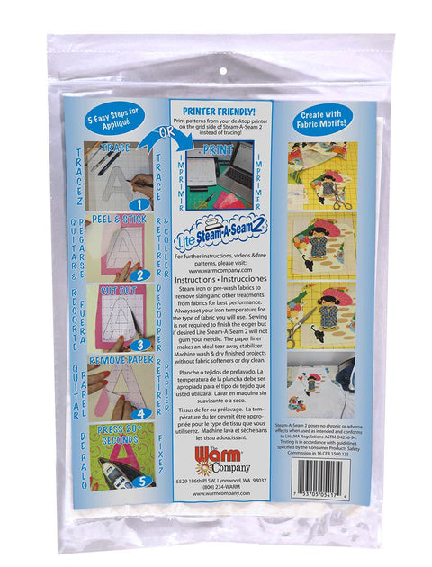 Warm Company LITE Steam-A-Seam 2 Double Stick Lite Fusible Web Five 9 x 12 Inch Sheets 5417