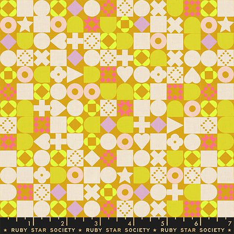 BTHY Moda RSS LoFi Linens Rashida Geometric Shapes Cactus Yellow Cotton Linen Canvas Fabric Half Yard PRECUT RS1134-15CL