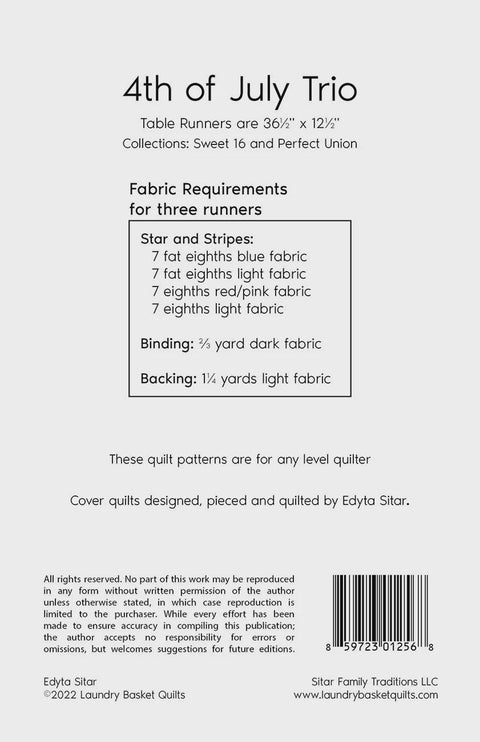 Laundry Basket Quilts LBQ Fourth 4th of July Trio Printed Table Runner Quilt Pattern 36 x 12
